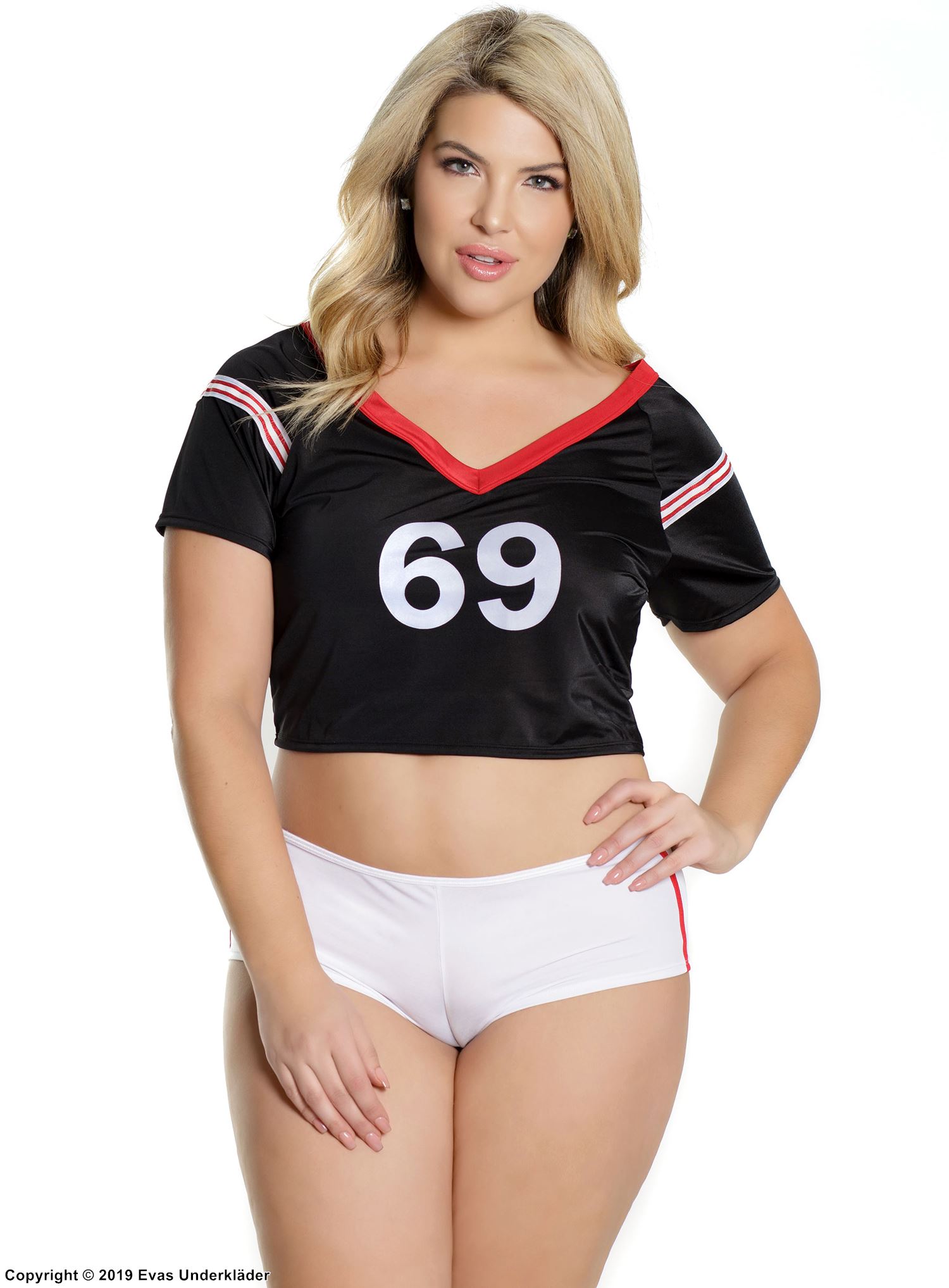 Kvinnlig amerikansk fotboll-fan, crop top och trosa med korta ärmar, plus size